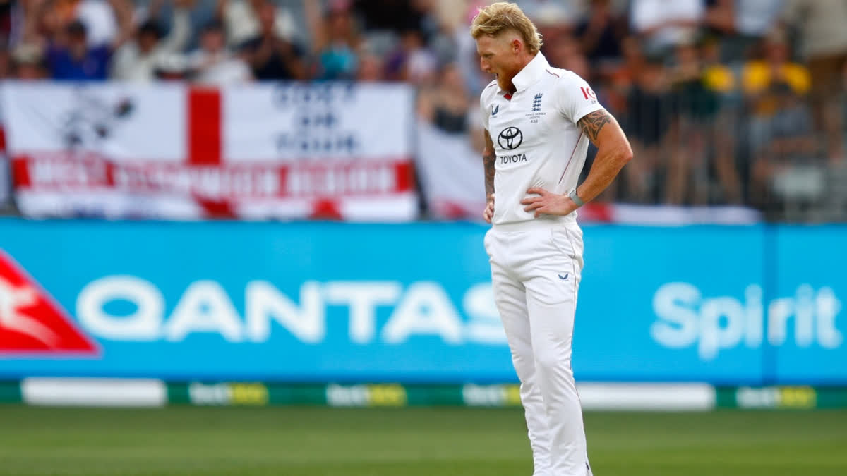 England's captain Ben Stokes reacts in the field on day two of the first Ashes cricket test match between Australia and England in Perth, Saturday, Nov. 22, 2025.