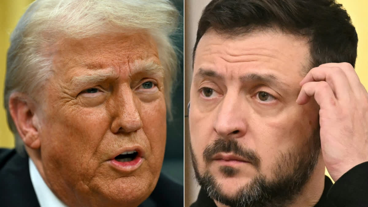 This combination of pictures created on February 12, 2025 shows US President Donald Trump on February 10, 2025, in Washington, DC and Ukraine's President Volodymyr Zelensky in Warsaw, Poland on January 15, 2025.
