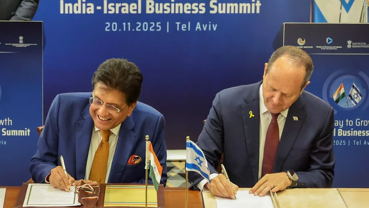 In this image posted on Nov. 20, 2025, Union Minister Piyush Goyal with Minister of Economy and Industry of Israel Nir Barkat signs the Terms of Reference (ToR) to guide the negotiations for a free trade agreement (FTA), in Israel.