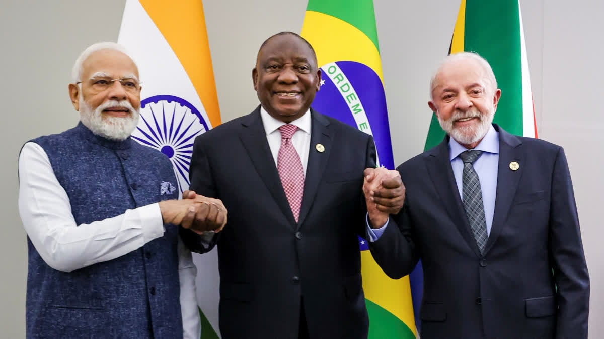 In this image received on Nov. 23, 2025, Prime Minister Narendra Modi with South African President Cyril Ramaphosa, center, and Brazilian President Luiz Inacio Lula da Silva, right, during IBSA Leaders' meeting, on the sidelines of the G20 Summit, in Johannesburg, South Africa.
