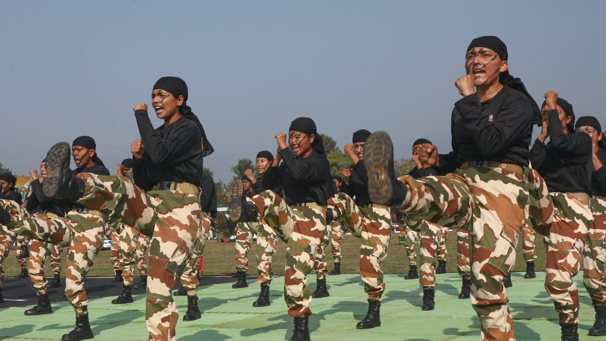 Indo-Tibetan Border Police (ITBP) personnel show skills during the police forces 64th Raising Day, in Udhampur, Jammu and Kashmir, Saturday, Nov. 22, 2025.