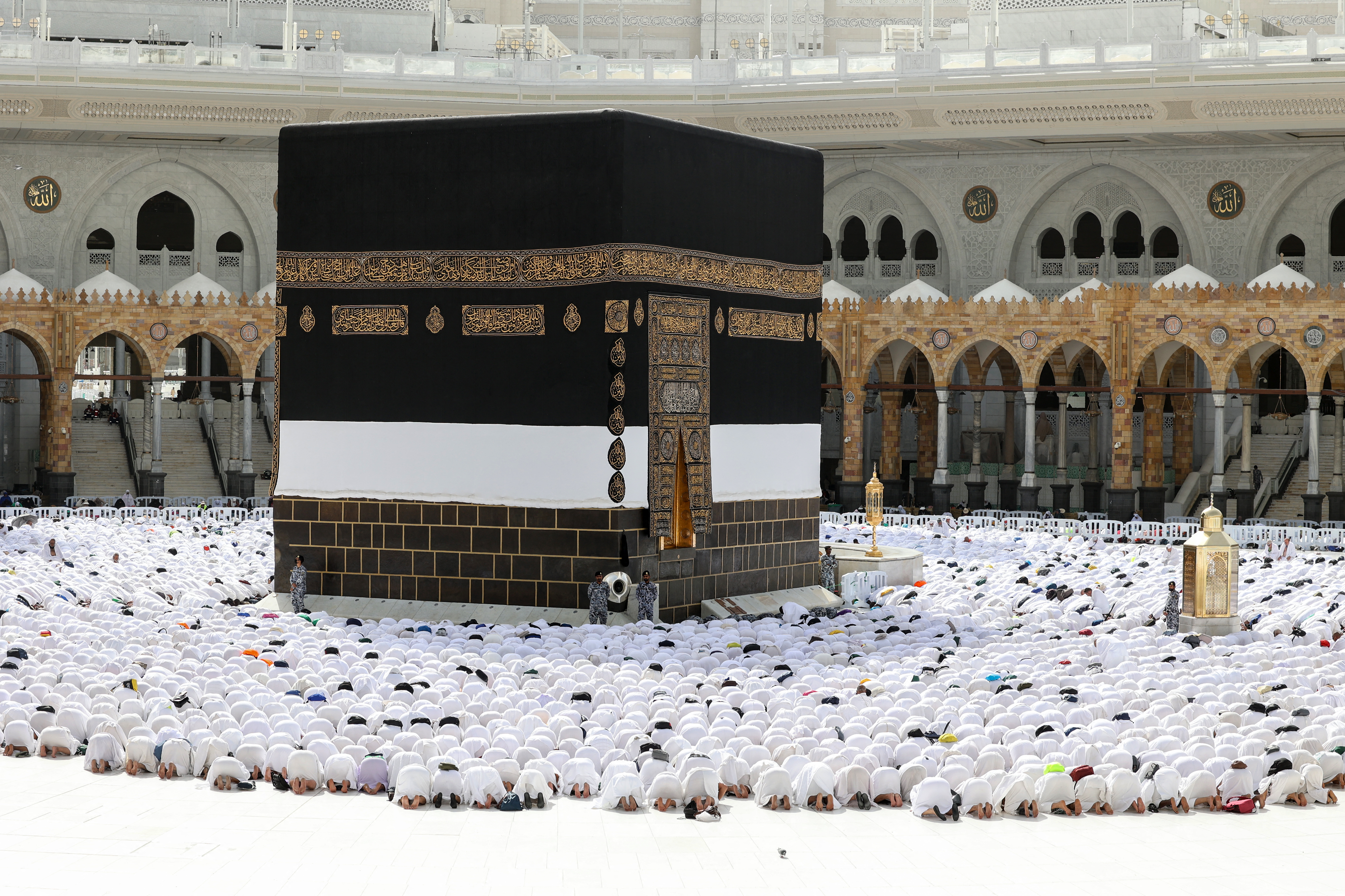 Muslims pray facing the holy Kaaba during Hajj in Mecca, Saudi Arabia