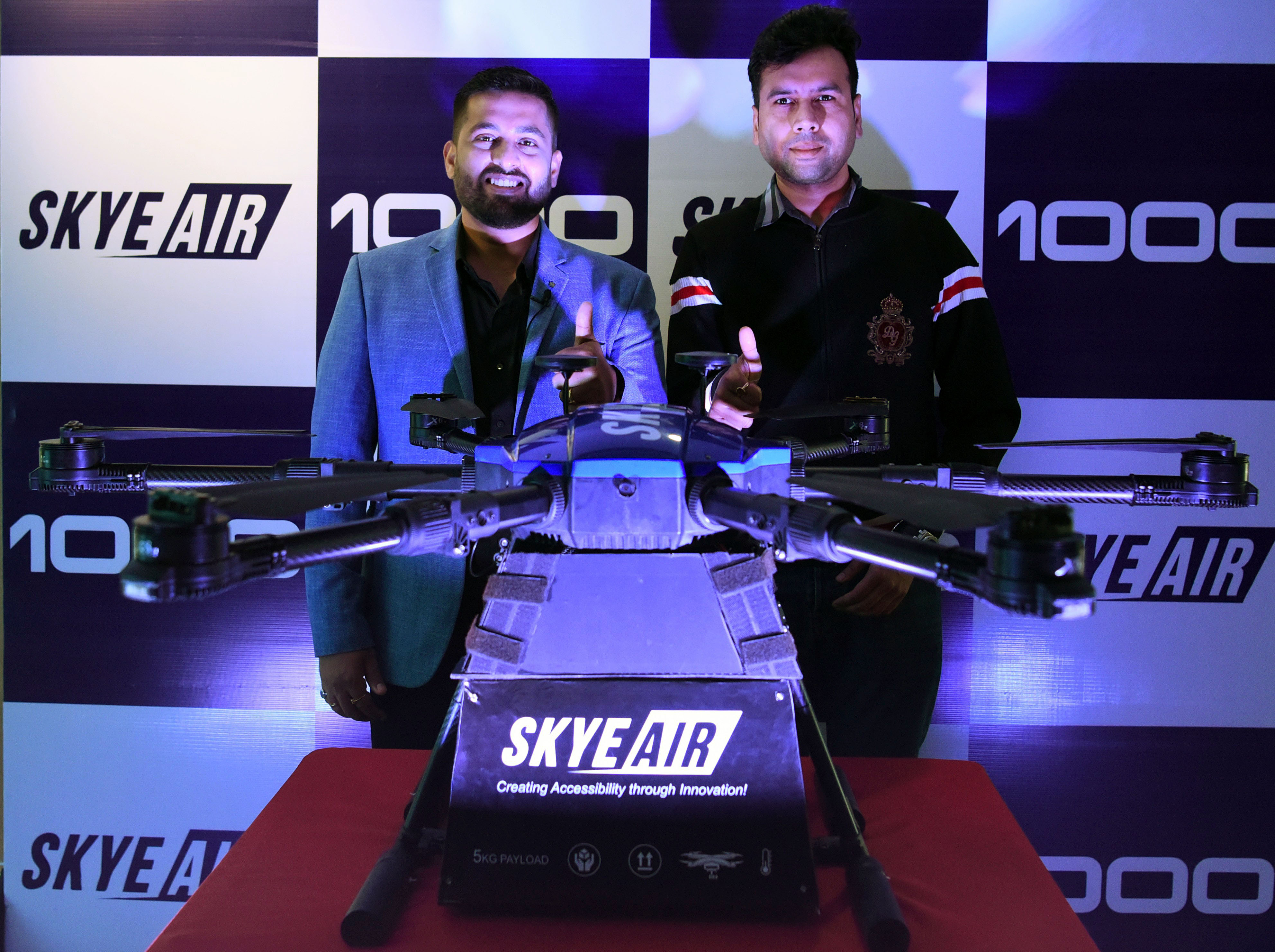 Skye Air Mobility, CEO, Ankit Kumar poses for a photo with a drone as it marks a milestone of 1000+ Flights in 6 months, during an event, in New Delhi