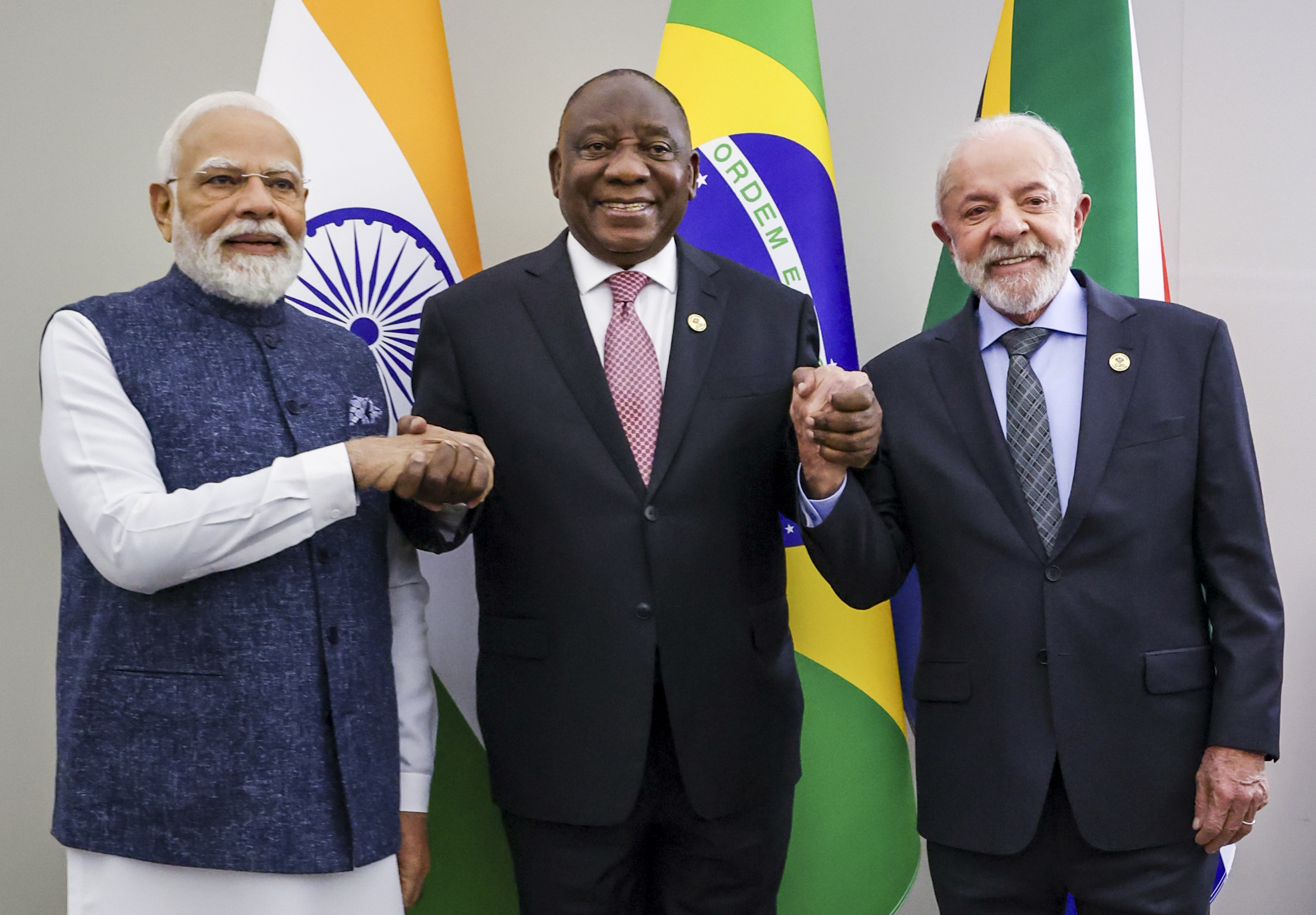 Prime Minister Narendra Modi with South African President Cyril Ramaphosa, center, and Brazilian President Luiz Inacio Lula da Silva, right, during IBSA Leaders' meeting, on the sidelines of the G20 Summit, in Johannesburg, South Africa.