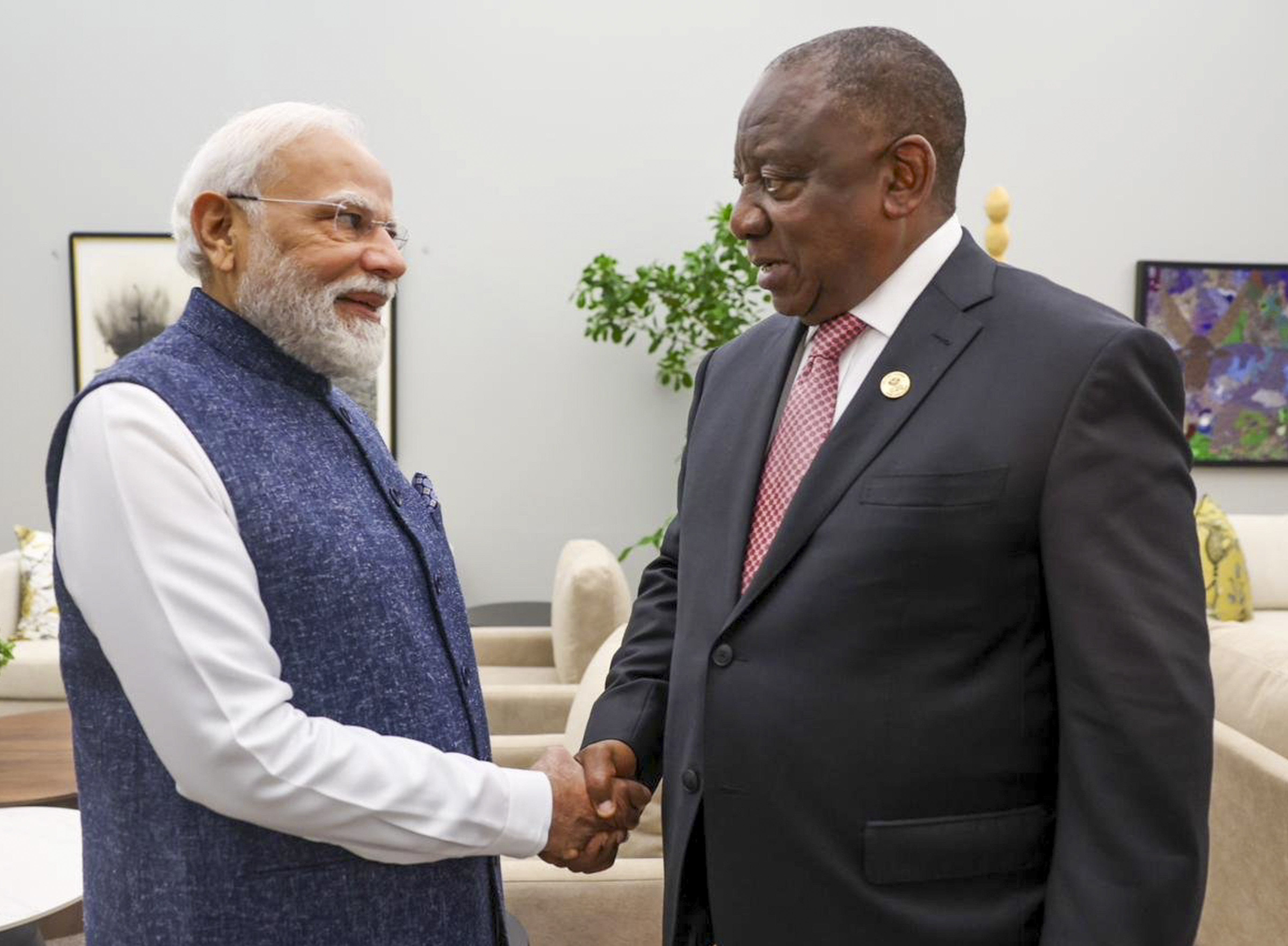 rime Minister Narendra Modi with South African President Cyril Ramaphosa during IBSA Leaders' meeting, on the sidelines of the G20 Summit, in Johannesburg, South Africa.