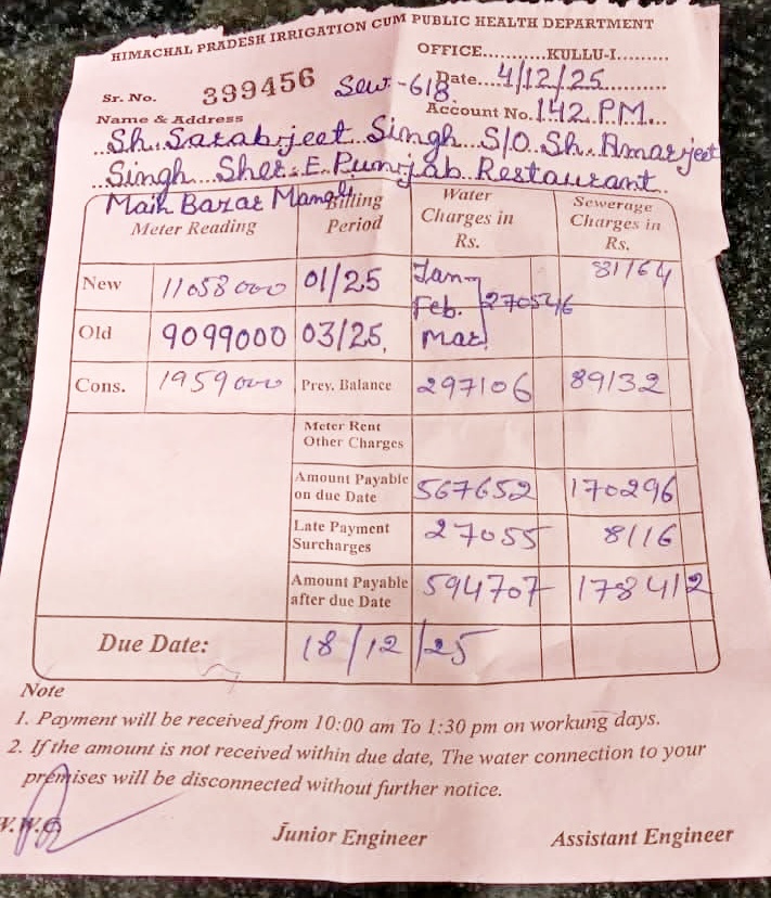KULLU MANALI WATER BILL HIKE