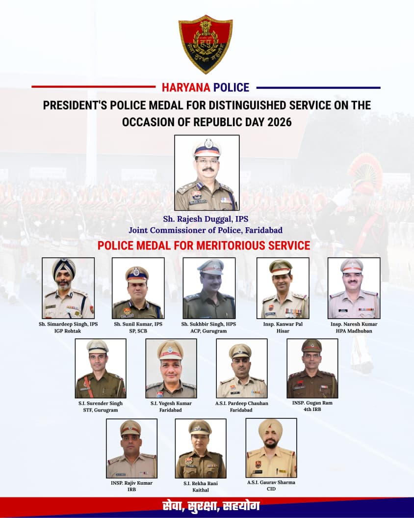 Faridabad Joint Commissioner of Police Rajesh Duggal was awarded the President Police Medal