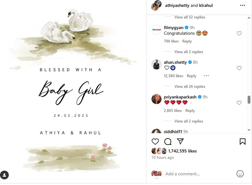 Athiya shetty KL Rahul welcomed a baby girl grandfather Suniel Shetty showered love mom-to-be Kiara Advani and others congratulated them