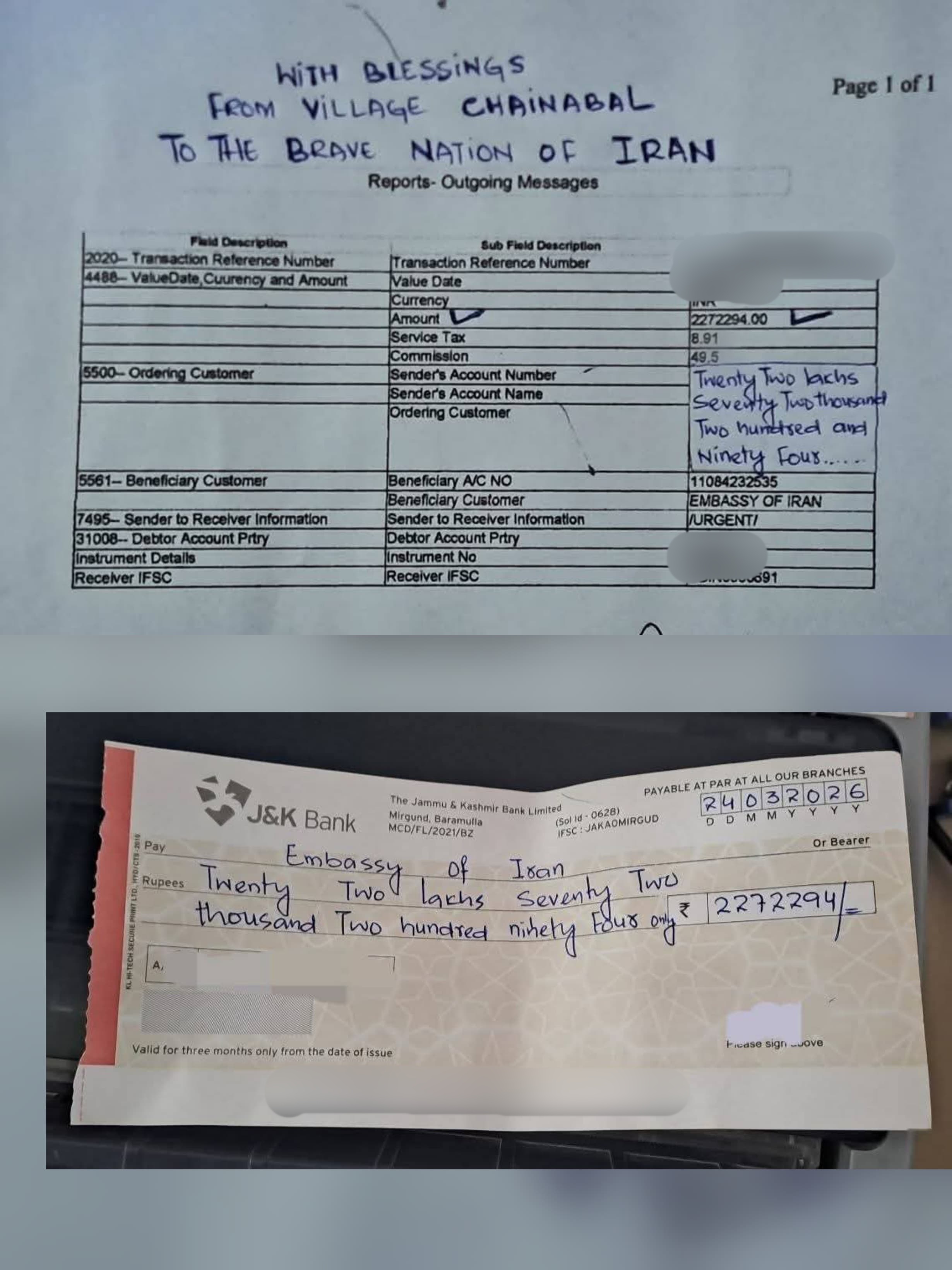Kashmir Iran Donations Rs 2272294 Cheque From A Village And A 50 Paisa Coin That Auctions For Rs 17000