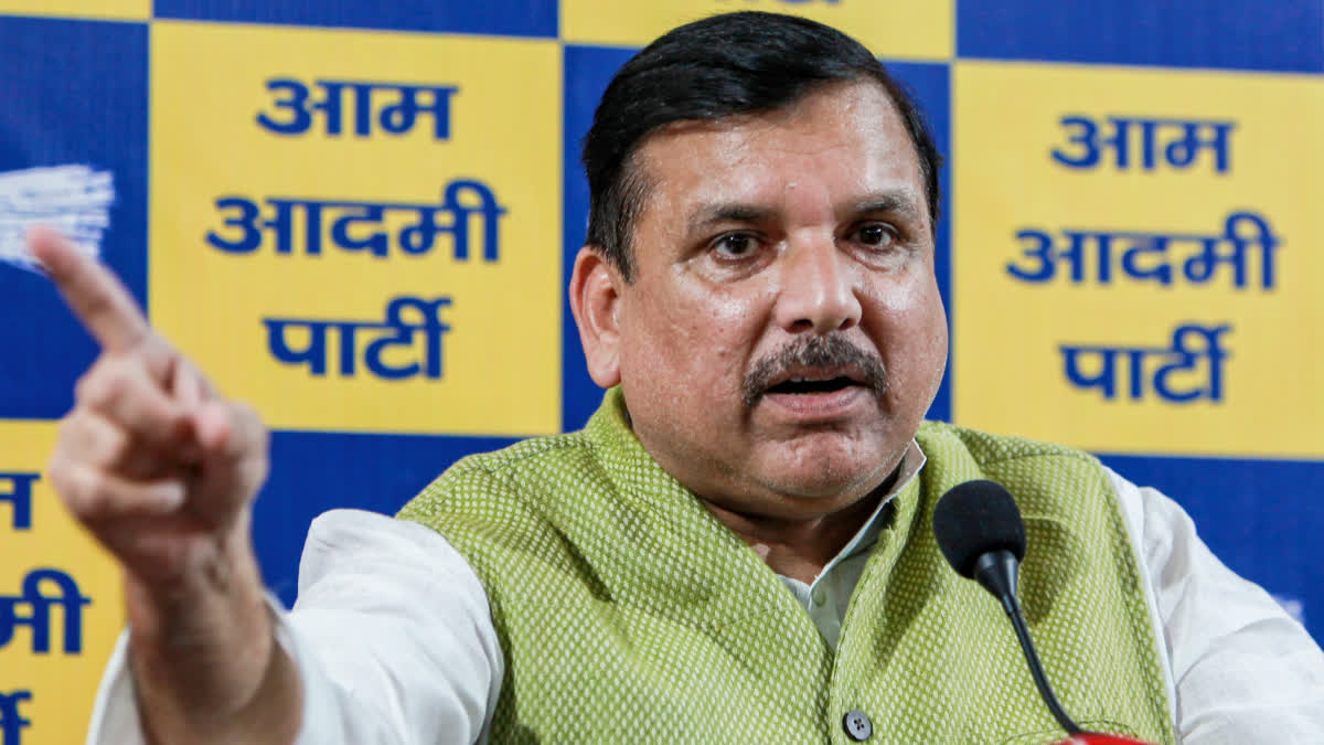 AAP MP Sanjay Singh addresses a press conference in New Delhi.