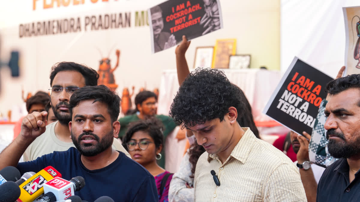 Cockroach Janta Party (CJP) founder Abhijeet Dipke addresses the media during a protest over alleged examination irregularities, repeated paper leaks and demands for accountability from the government, in New Delhi.