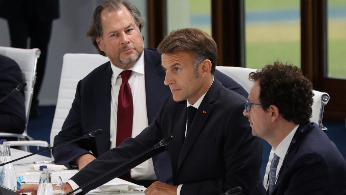 France's President Emmanuel Macron at the start of a working lunch meeting of G7 members, partner countries, and artificial intelligence business leaders as part of the G7 summit, in Evian, France, on June 17