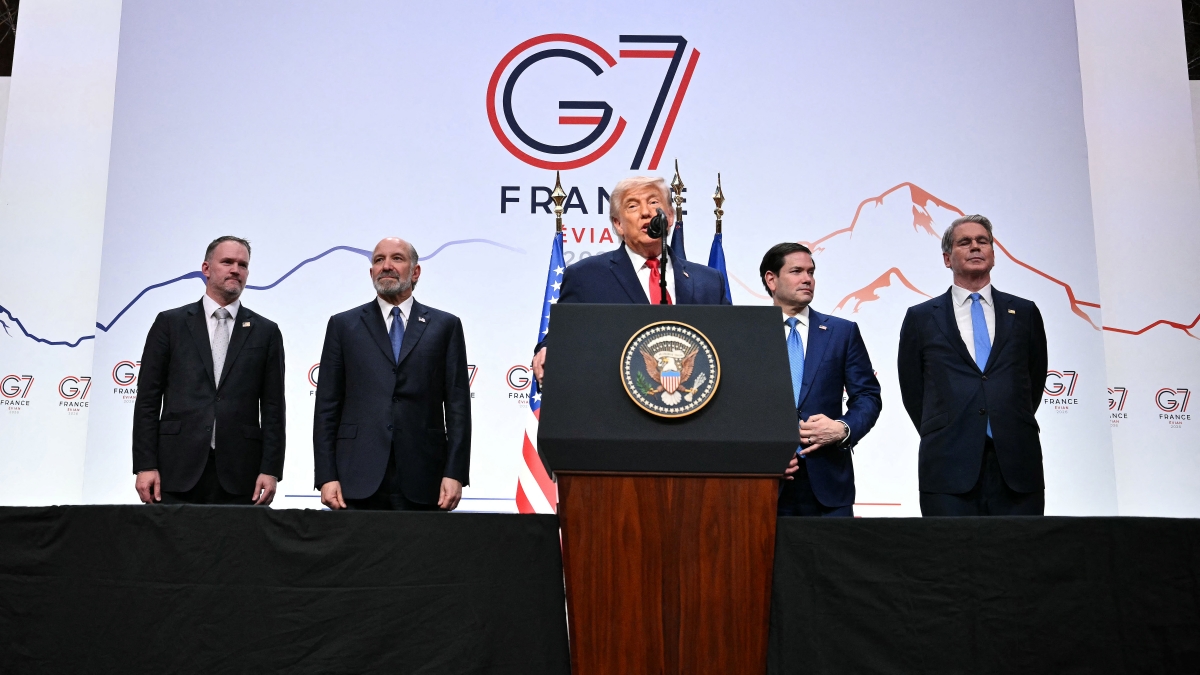 US President Donald Trump addresses the media during a closing press conference at the G7 summit, in Evian, France, on June 17