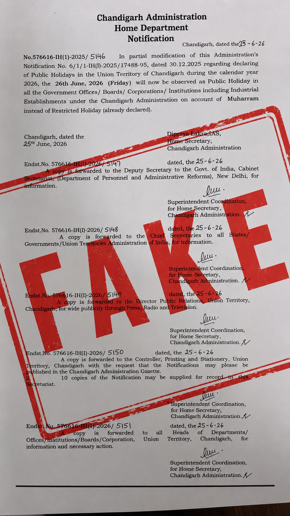 Fake order regarding Moharram June 26 holiday in Chandigarh goes viral administration issues denial