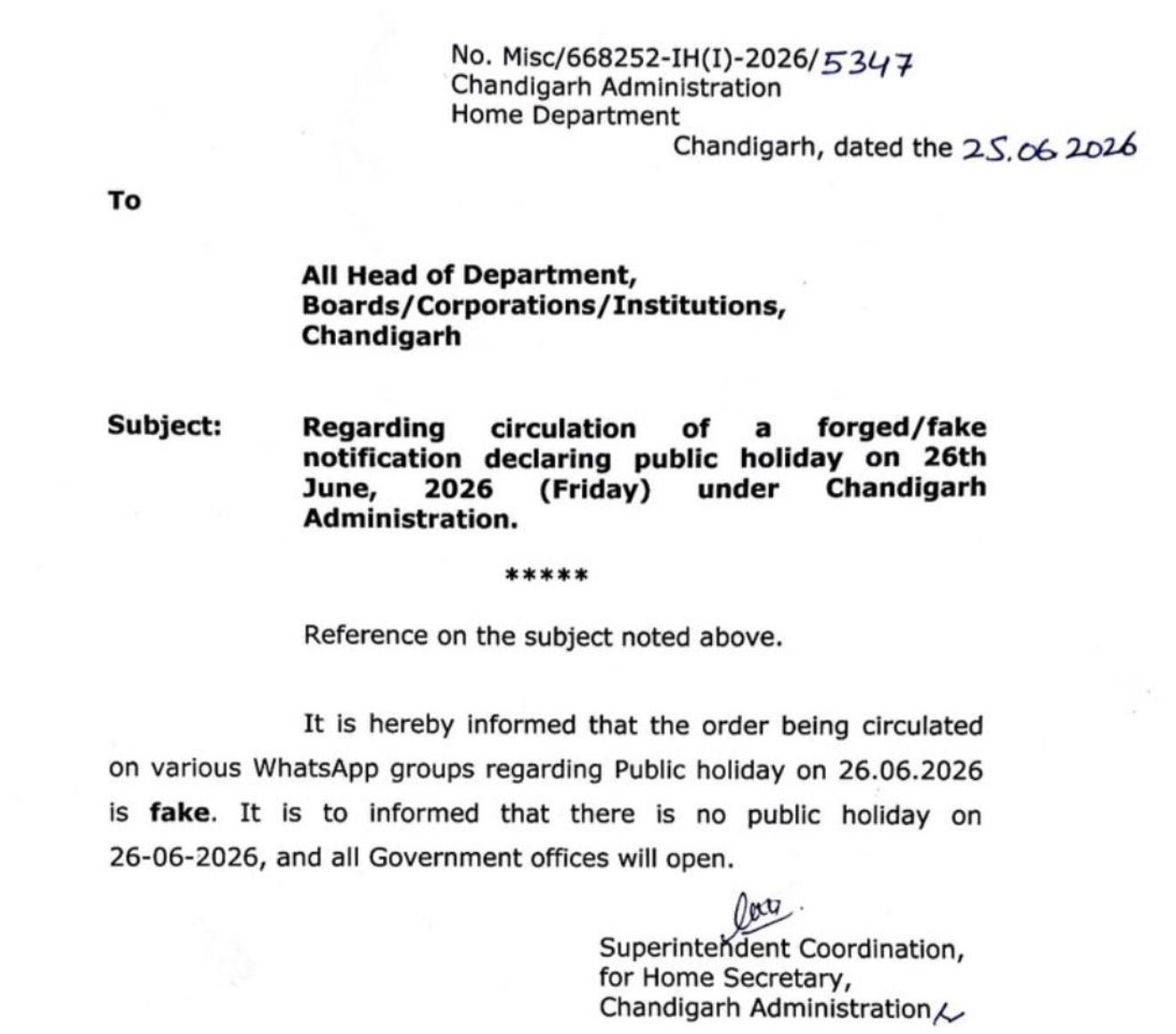 Fake order regarding Moharram June 26 holiday in Chandigarh goes viral administration issues denial