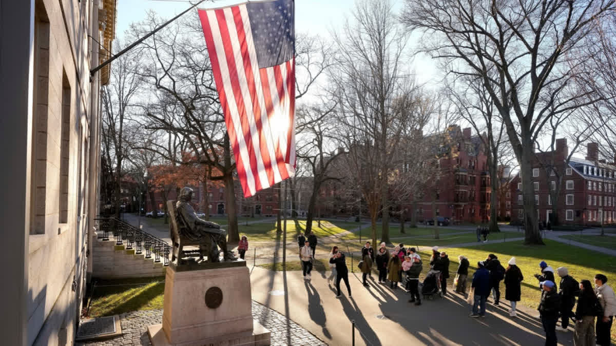 FILE - People take photos near a John Harvard statue, left, on the Harvard University campus, Jan. 2, 2024, in Cambridge.