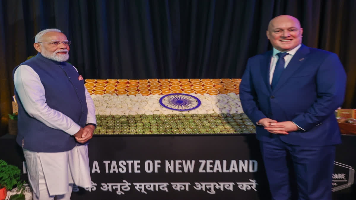 Prime Minister Narendra Modi with New Zealand Prime Minister Christopher Luxon during the India-New Zealand Business Event in Auckland, New Zealand, on July 11, 2026.