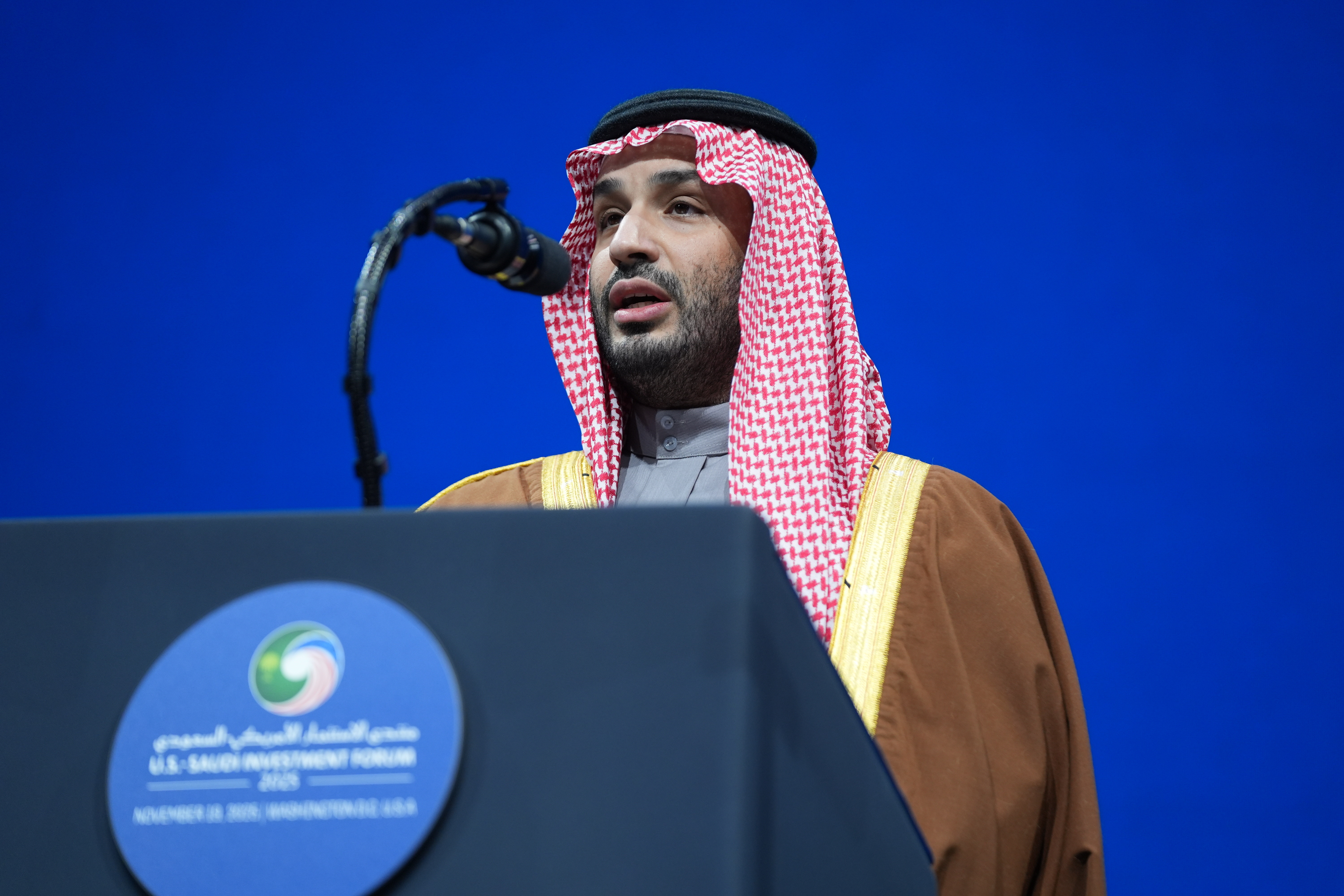 Saudi Arabia's Crown Prince Mohammed bin Salman speaks during the Saudi Investment Forum at the Kennedy Center, Wednesday, Nov. 19, 2025, in Washington.