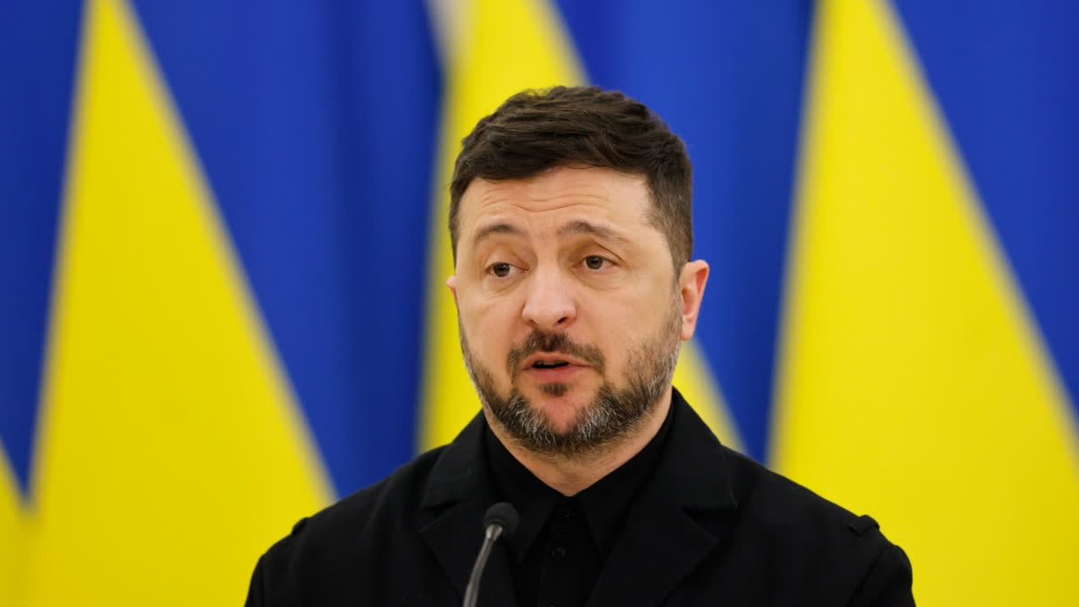Ukrainian President Volodymyr Zelenskyy speaks during a joint press conference with Lithuania's President Gitanas Nauseda and Polish President Karol Nawrocki, at the Presidential palace in Vilnius, Lithuania, Sunday, Jan. 25, 2026.