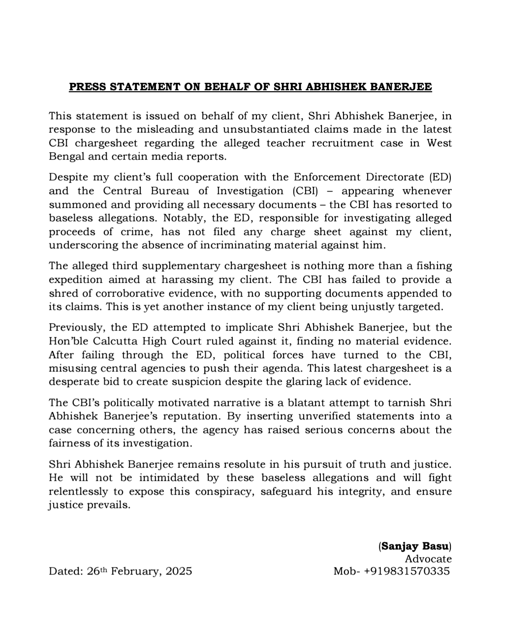 Advocate of  TMC MP Abhishek Banerjee issues press statement