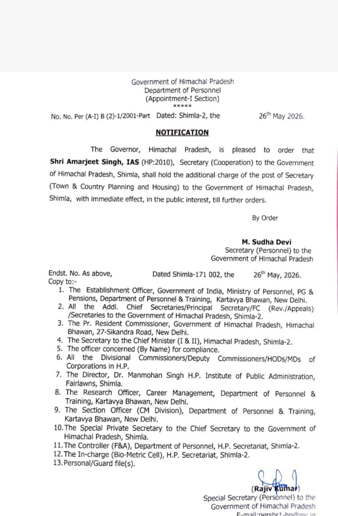Amarjit Singh Assigned Additional Charge of Town and Country Planning