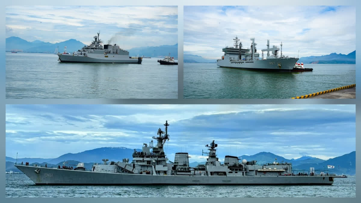 Three Indian Naval Ships Arrive In Vietnam As Part Of Operational Deployment To South East Asia Indian Naval Ships INSDelhi, INSShakti and INSKiltan arrived at Tien Sa Port in Vietnam, as part of the Indian Navy’s Operational Deployment to South East Asia.