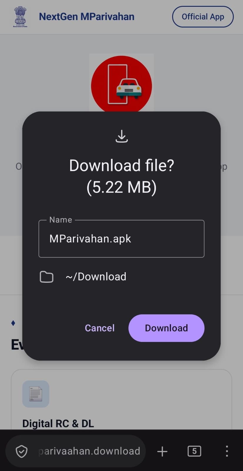 Download option appears immediately upon clicking portal