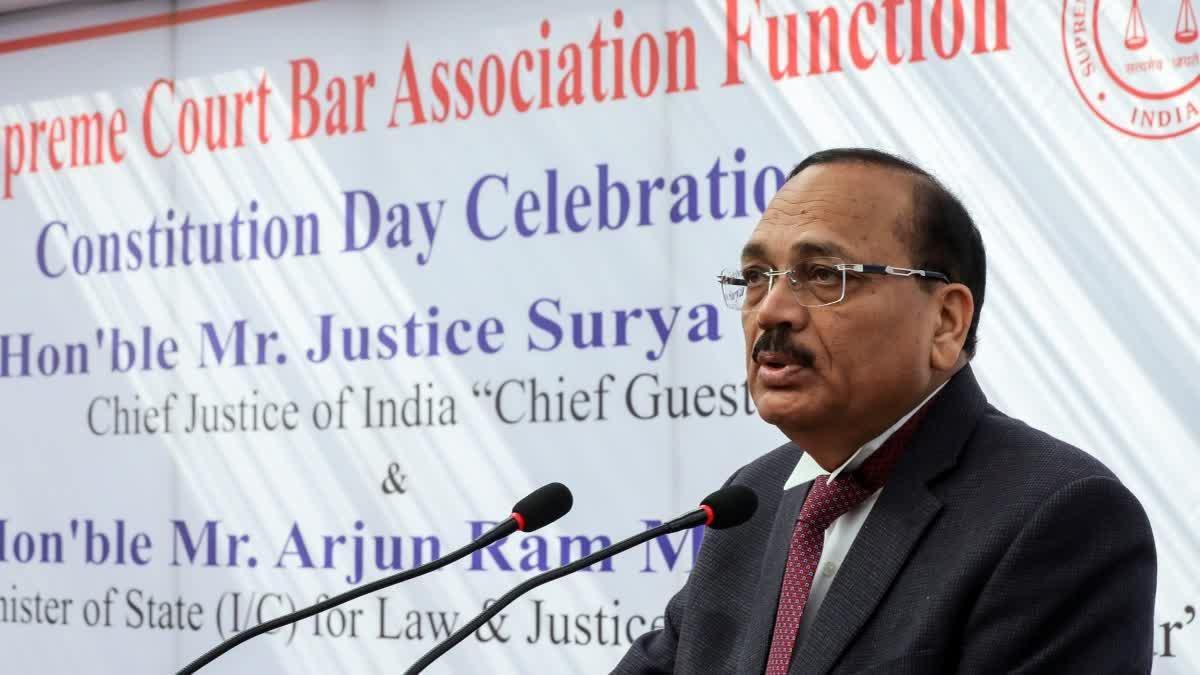 Chief Justice of India, Justice Surya Kant speaks during the Constitution Day celebration organised by the Supreme Court Bar Association at the Supreme Court Lawn, in New Delhi on Wednesday