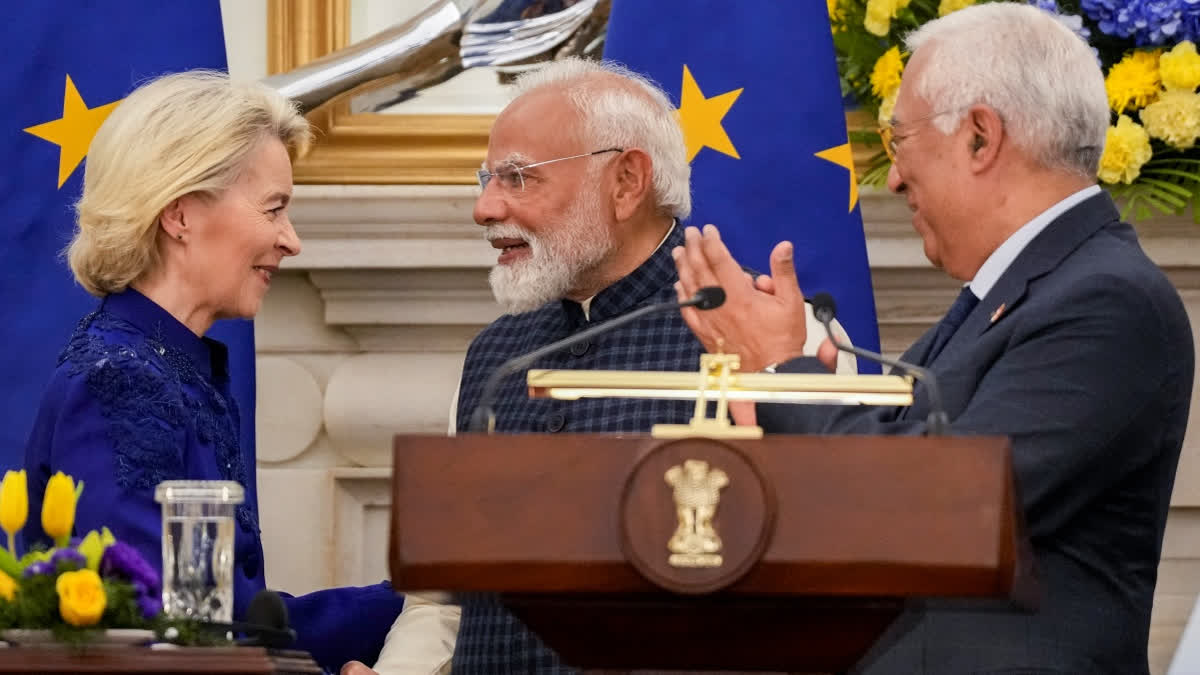 Prime Minister Narendra Modi with European Council President Antonio Costa, right, and European Commission President Ursula von der Leyen, left, during a joint press statement after their meeting at the Hyderabad House, in New Delhi, Tuesday, Jan. 27, 2026.