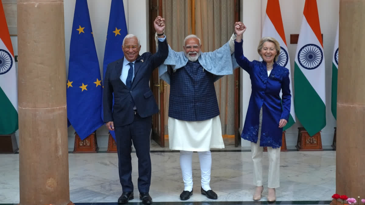 India-EU FTA Highlights: From Zero-Duties On Apparel and Chemicals To Concessional Access For Cars, Wines Indian Prime Minister Narendra Modi, center, welcomes European Council President Antonio Costa, left and European Commission President Ursula von der Leyen before their meeting in New Delhi, India, Tuesday, Jan. 27,2026.