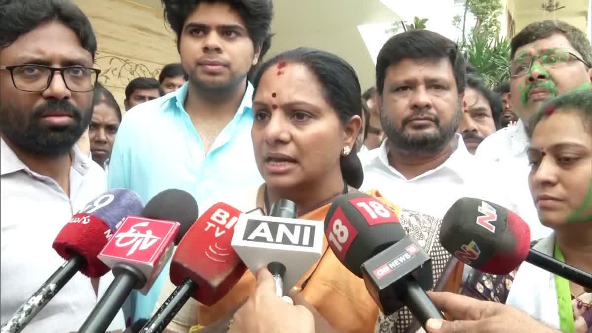 K Kavitha speaking to reporters in Hyderabad