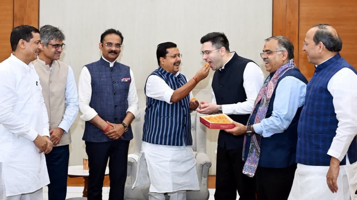 Rajya Sabha MPs Raghav Chadha, Sandeep Pathak and Ashok Mittal meet BJP National President Nitin Nabin at the party headquarters, in New Delhi on April 24, 2026