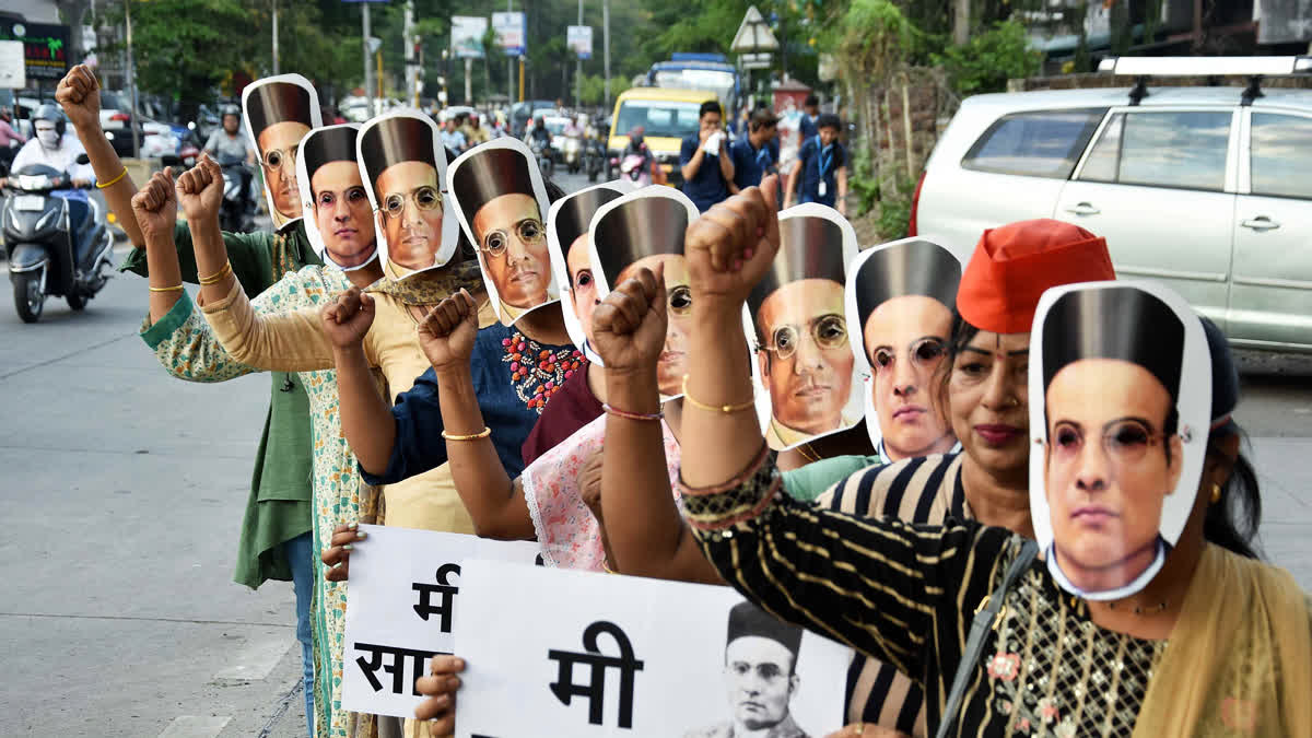 'No Fundamental Right Violation': Supreme Court Junks Plea To Prevent Misuse Of Savarkar's Name FILE - Bharatiya Janata Party (BJP) Mahila Morcha supporters wearing masks of Vinayak Damodar Savarkar take part in a rally, in Nagpur.