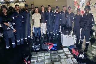 Indian Coast Guard and Gujarat ATS personnel with the accused and the seizure following the operation.