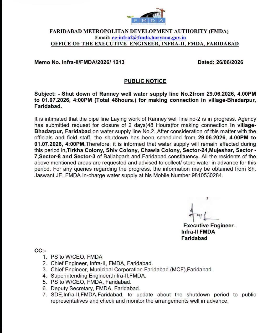 Drinking water supply in Faridabad