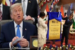 A collage of US President Donald Trump and US Ambassador to India Sergio Gor and Telangana Deputy CM Mallu Bhatti Vikramarka jointly unveiling a ceremonial plaque in Hyderabad on June 23