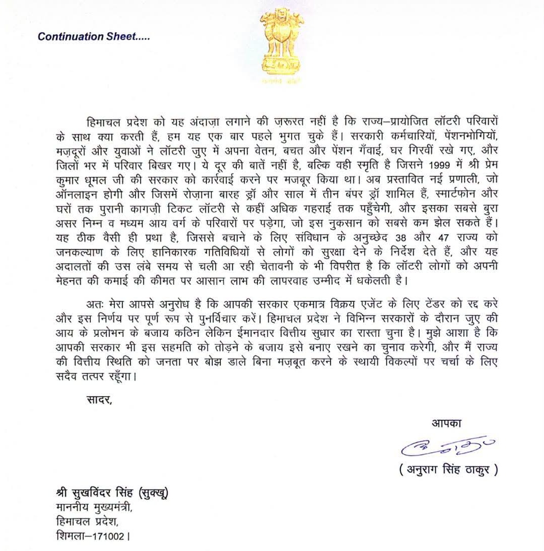 Anurag Thakur letter to CM Sukhu
