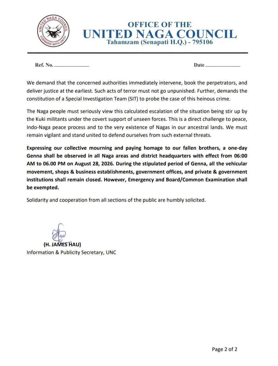 UNC on Kangpokpi IT road killings