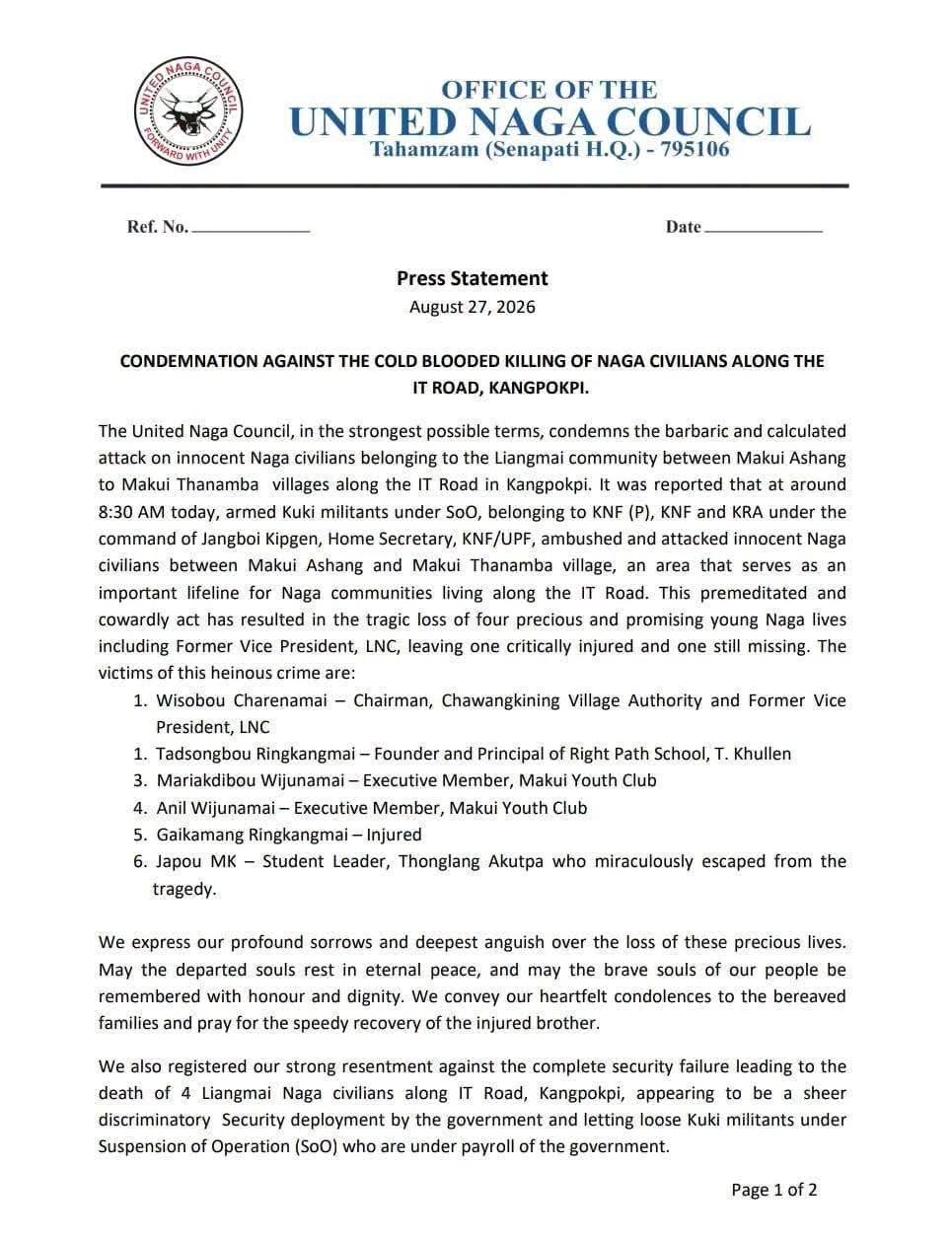 UNC on Kangpokpi IT road killings
