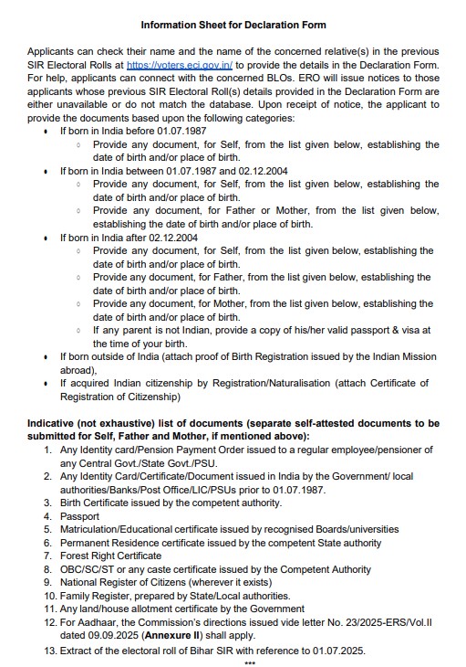 Documents needed of SIR