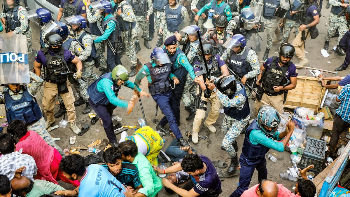 30 Detained Over Killing Of Lawyer In Clash Between Bangladesh Police, Followers Of Jailed Hindu Leader Police personnel baton-charge protesting supporters of Chinmoy Krishna Das Brahmachari, a jailed Hindu monk leader, member of the Bangladesh Sammilito Sanatan Jagaran Jote group and former member of ISKCON, during a demonstration after court denied his bail in Chittagong on November 26, 2024.