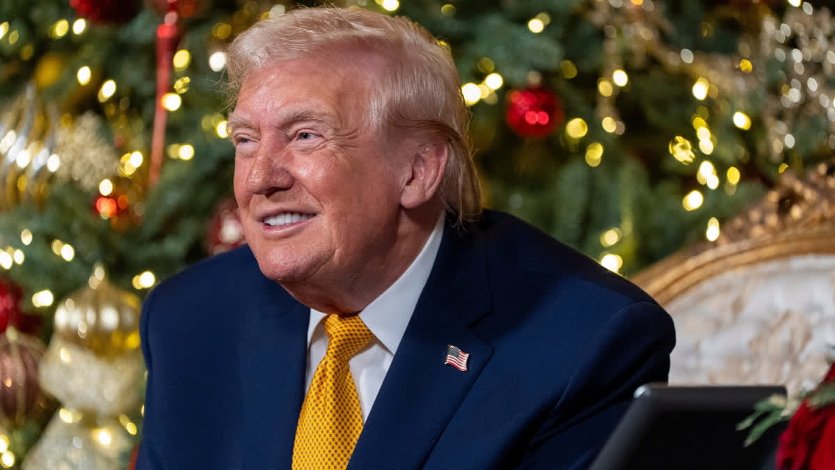 President Donald Trump speaks during a NORAD, North American Aerospace Defense Command, Tracks Santa Operation call at his Mar-a-Lago club, Wednesday, Dec. 24, 2025, in Palm Beach, Fla.