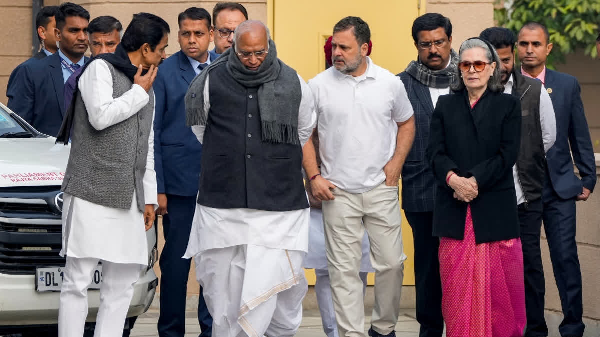 Congress president Mallikarjun Kharge with Rahul Gandhi, Sonia Gandhi, KC Venugopal arrive for the CWC meeting in New Delhi on Saturday.