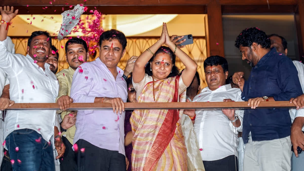 Bharat Rashtra Samithi (BRS) leader K Kavitha being welcomed on her arrival after getting bail in the 'excise policy case' by the Central Bureau of Investigation (CBI) and the Enforcement Directorate (ED), at her residence in Hyderabad on Wednesday. Her brother and BRS Working President KT Rama Rao is also present.
