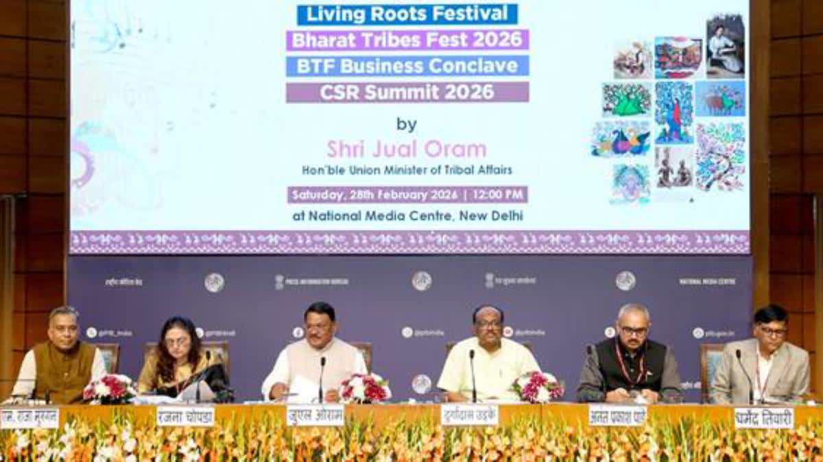 Tribal Affairs Minister Jual Oram addresses the media in New Delhi on Saturday.