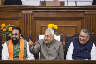 Bihar Chief Minister Nitish Kumar with Deputy Chief Minister Samrat Chaudhary and State Minister Vijay Kumar Chaudhary during the National Democratic Alliance meeting at Bihar Legislative Assembly