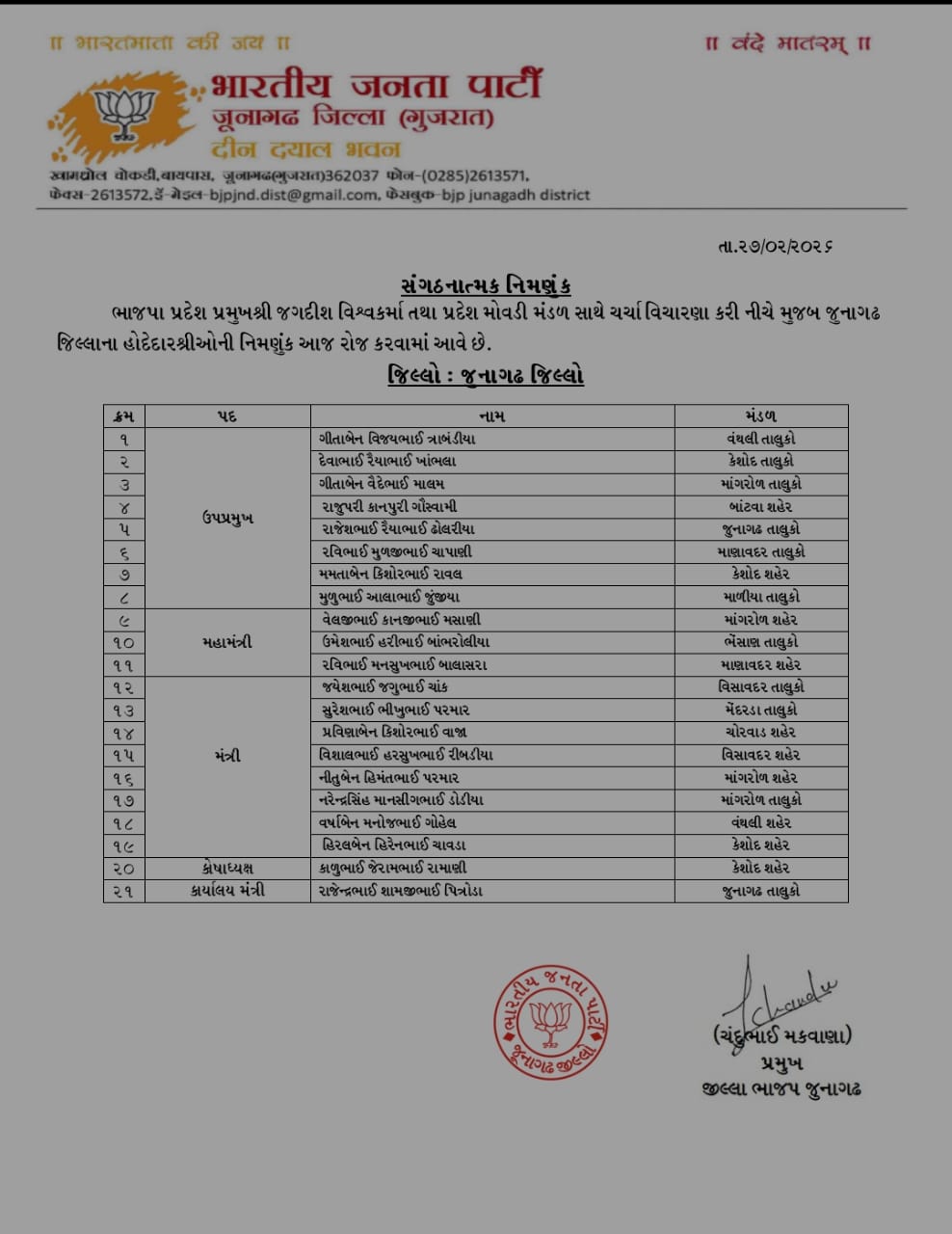 વિવિધ મોરચા અને વિભાગોમાં નવી નિમણૂકો