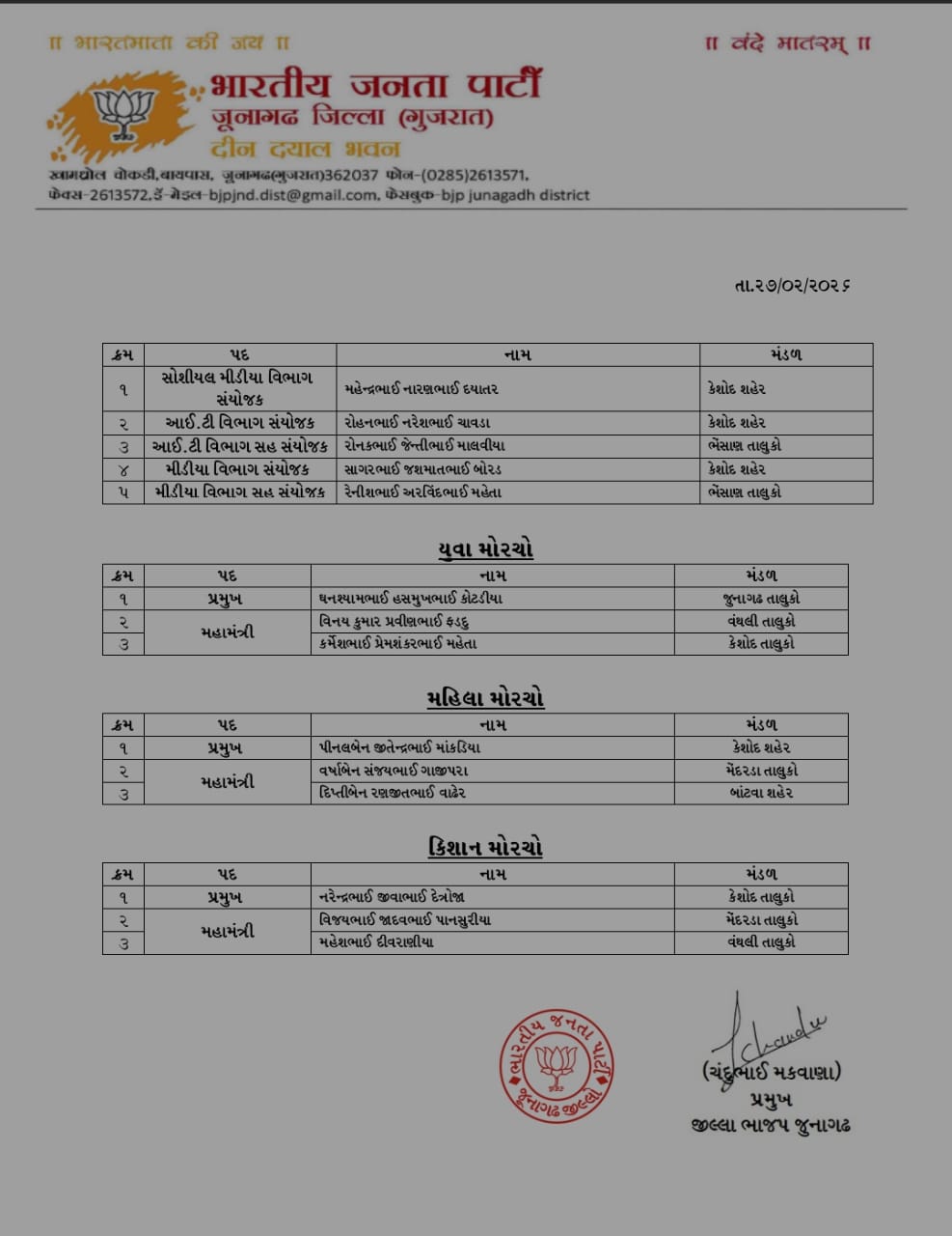 વિવિધ મોરચા અને વિભાગોમાં નવી નિમણૂકો