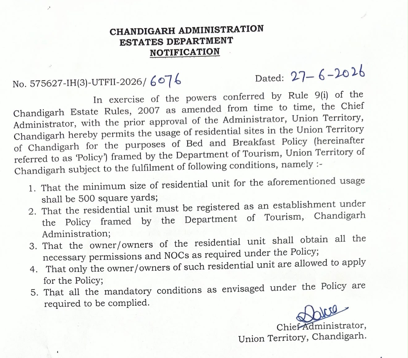 Bed and Breakfast Policy Chandigarh