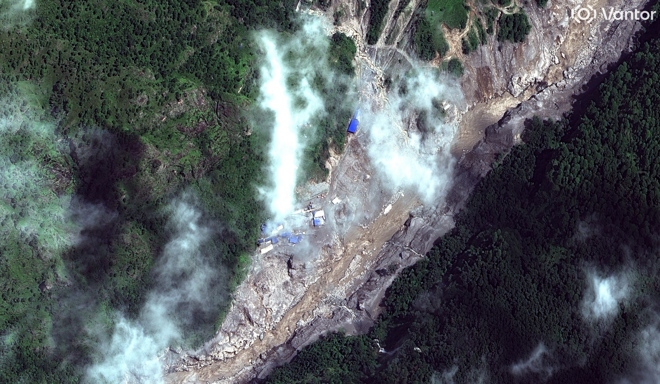 This satellite image provided by Vantor shows the remains of a cement site in Nepal on Thursday, Aug. 27, 2026.